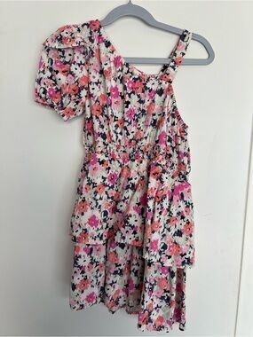 One-Shoulder Floral Tiered Dress in Pink, Coral, and Navy